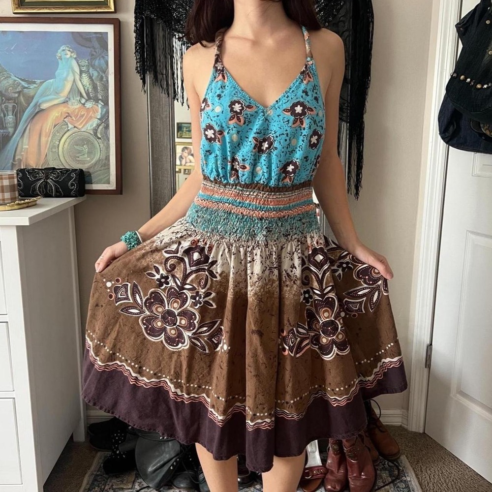 Cassees Boho Floral Midi Dress Teal Brown Smocked Waist Y2K 2000s Cotton Medium
